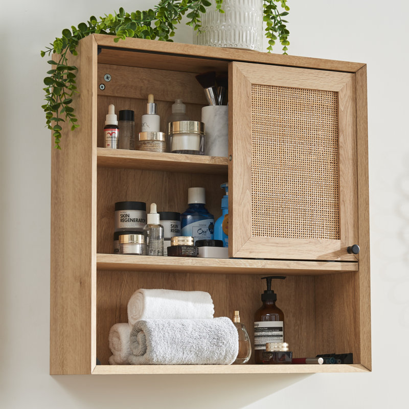 Kueen Rattan Wall Mounted Bathroom Cabinet with Sliding Door Adjustable Shelves